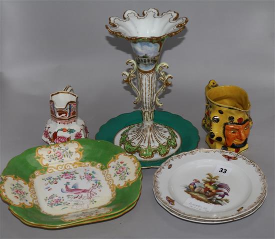 A pair of Meissen plates decorated with birds, 21cm., three English plates, a spill vase and two jugs